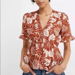 Madewell Rust Floral Silk V-Neck Ruffle Sleeve Blouse